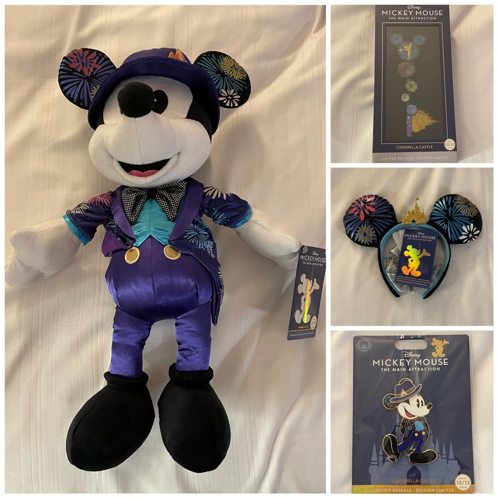 NEW Disney‎ Mickey Main Attraction Fireworks 12/12 Key Plush Pin & Ears SET